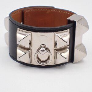 HERMES Collier de Chien Bracelet Bangle Leather Black Size S France 76RL692